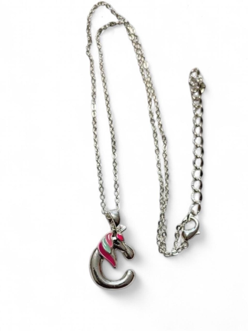 Silver Tone Unicorn Initial C Necklace Enamel Pendant Adjustable Chain